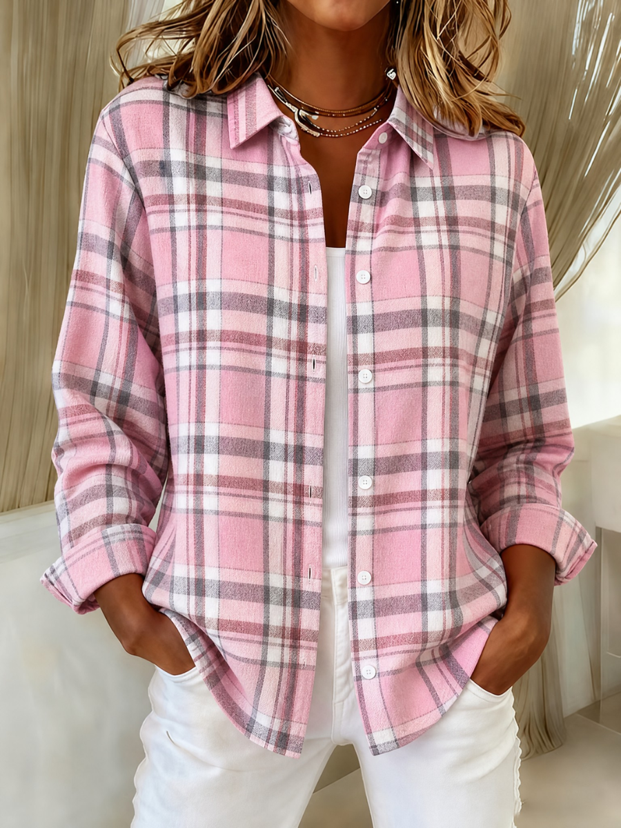 Women's Pink Plaid Print Lapel Long Sleeve Shirt