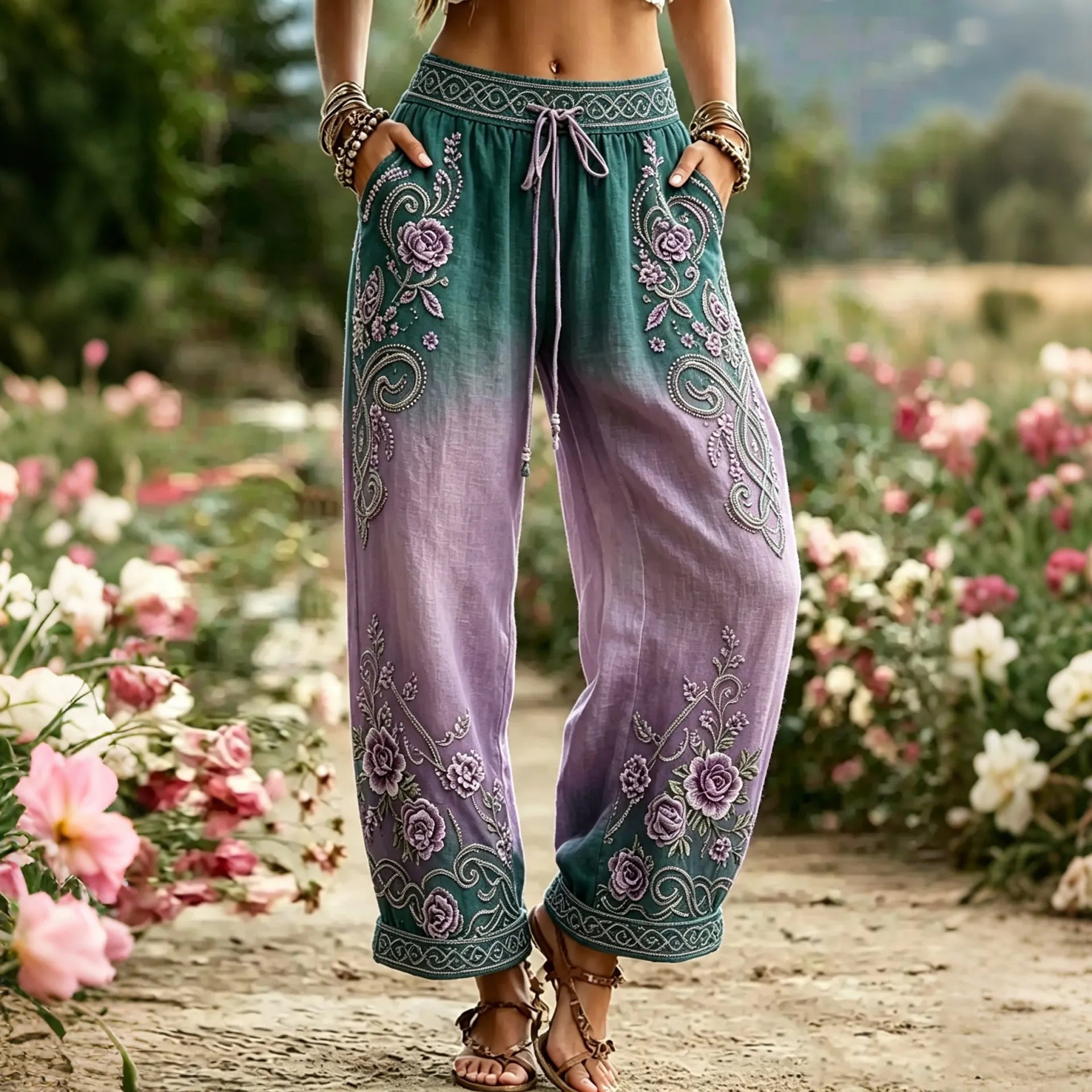 Women's Vintage Boho Floral Celtic Knot Gradient Art Print Flowy Linen Blend Casual Pants