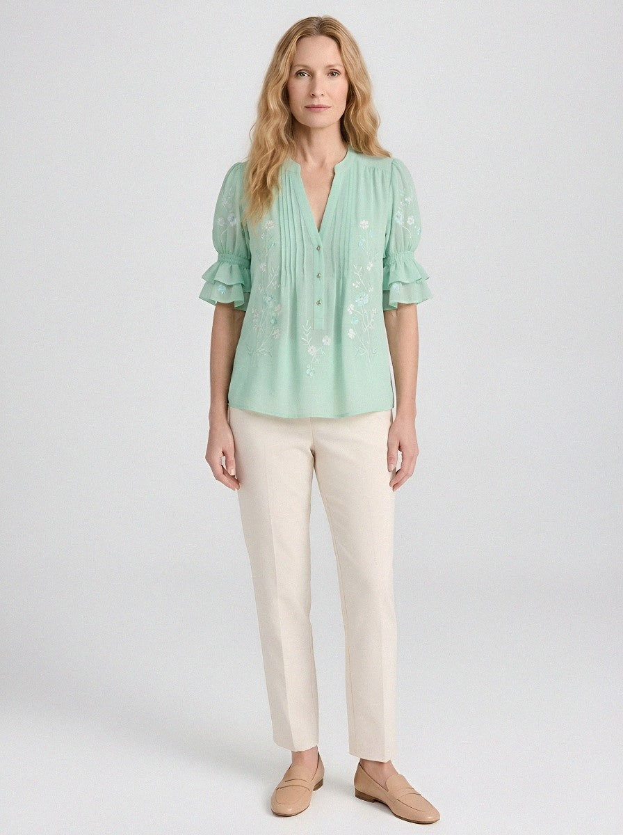 Women's Western Vintage Floral Embroidered Ruffle Sleeve Top