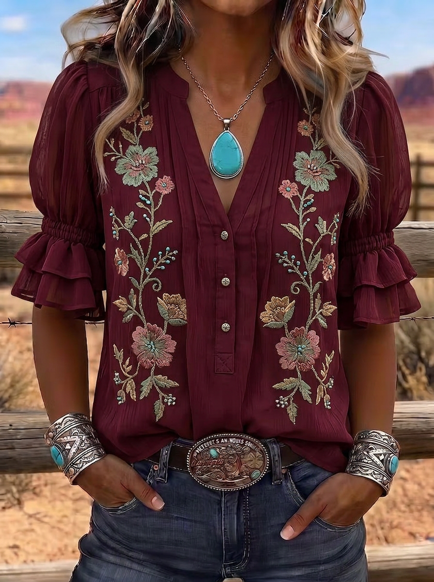Women's Western Vintage Floral Embroidered Ruffle Sleeve Top