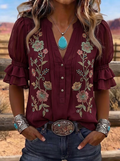 Women's Western Vintage Floral Embroidered Ruffle Sleeve Top