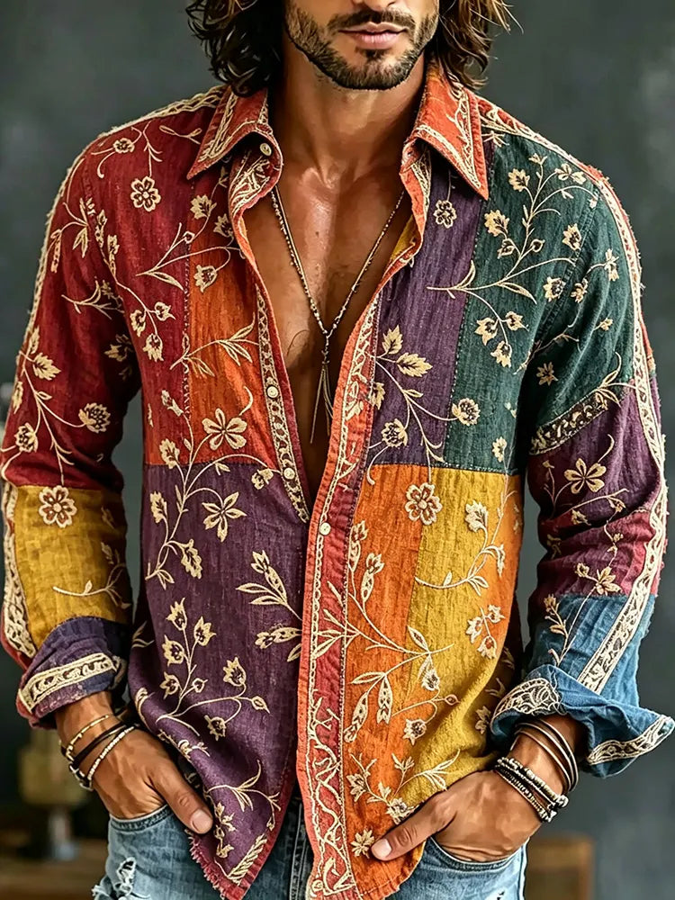 Men's Vintage Spring Floral In Hippie Vibe Embroidered Art Print Flowy Linen Blend Casual Shirt