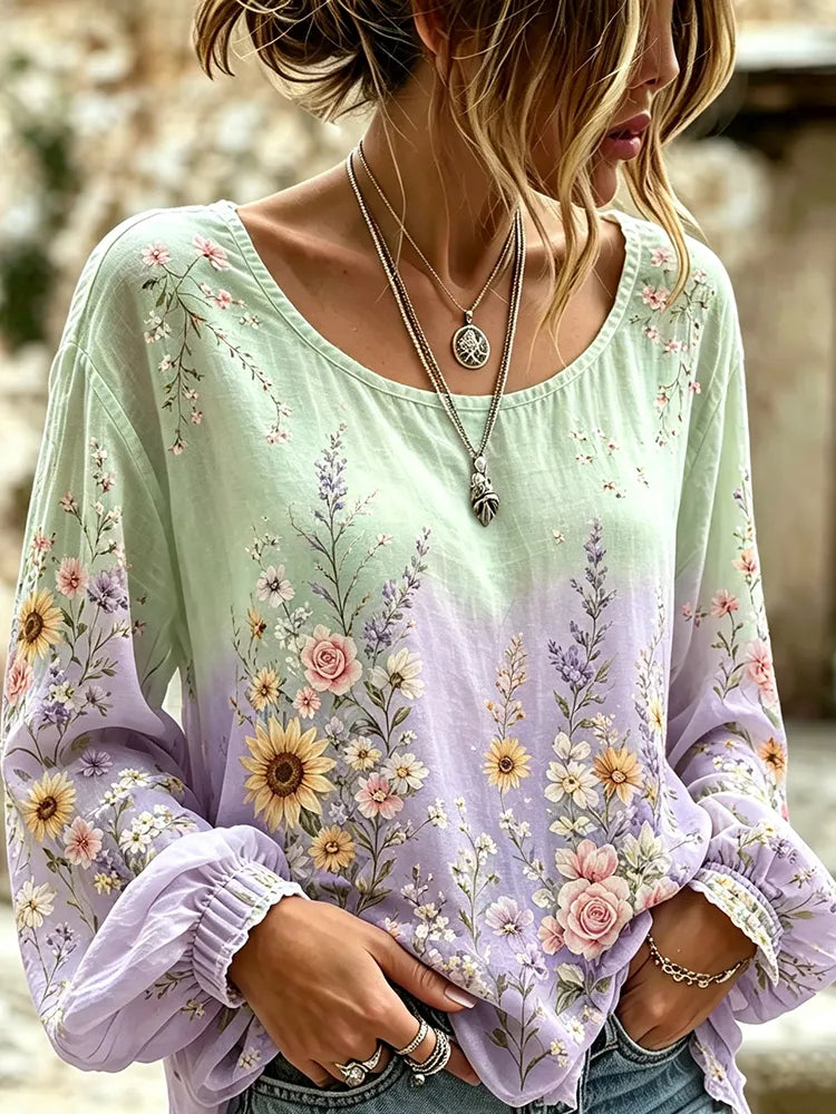 Women's Long-sleeve Round-neck Top In A Green-to-purple Gradient Featuring Vintage Floral Prints With Sunflowers And Roses.