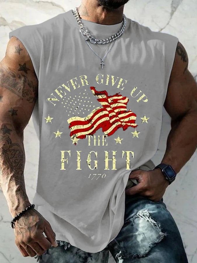 Men's Retro Never Give Up Fight 1776 Independence Day Patriotic Print Casual Tank Top