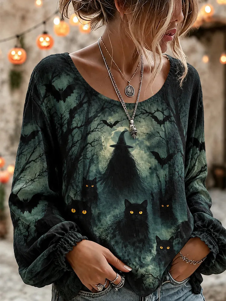 Women's Halloween Wizard Black Cat Art  Print Long Sleeve T-shirt