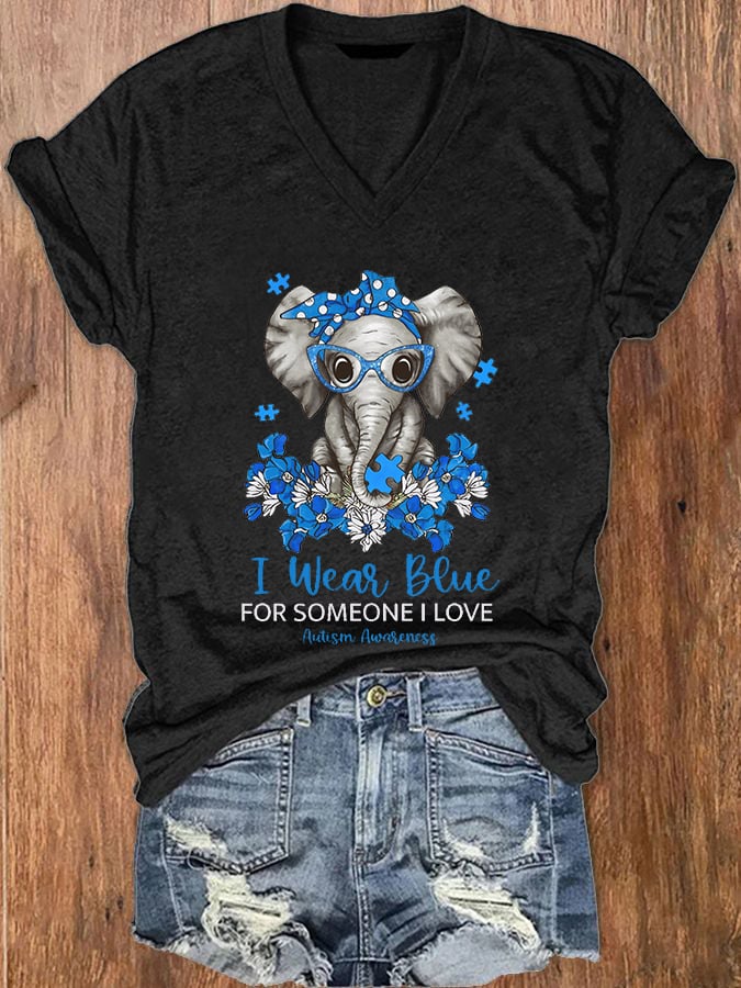 Women's I Wear Blue For Someone Love Autism Awareness V-Neck T-Shirt