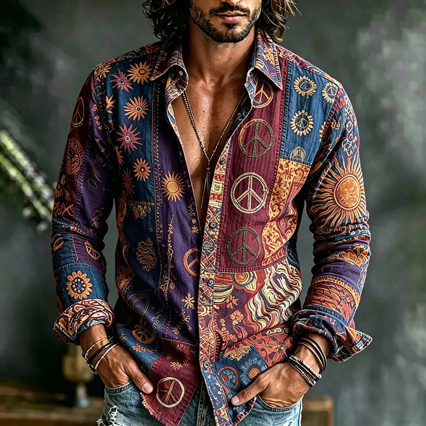 Men's Retro Hippie Peace Logo Color Block Print Casual Shirt