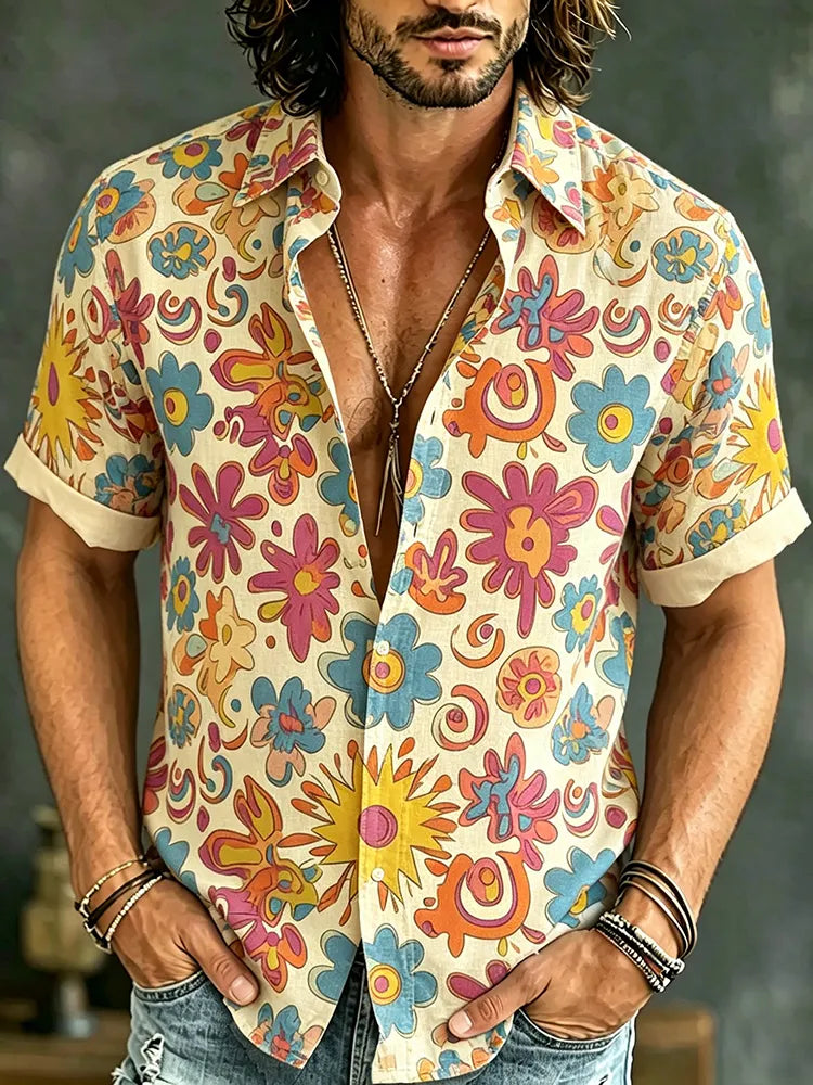 Men's Vintage Hippie Floral Art Print Short Sleeve Shirt