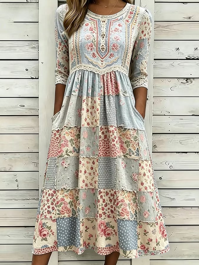 Women's Casual Breast Cancer Floral Print Short-Sleeve Dress