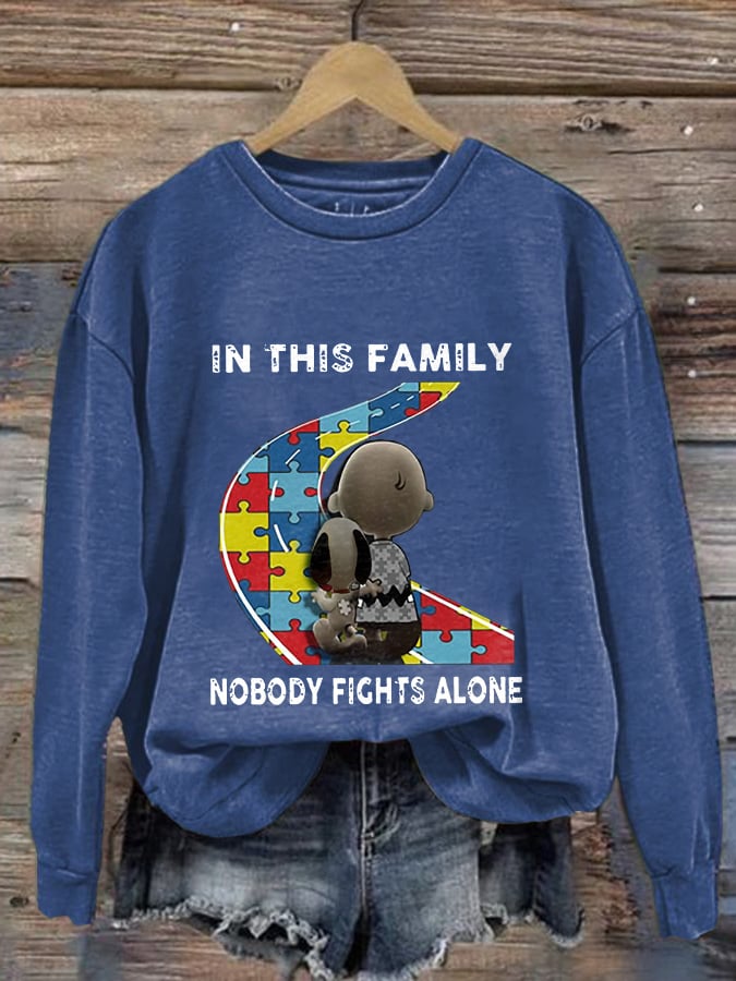 Retro Autism Awareness In This Family Nobody Fights Alone Print Sweatshirt