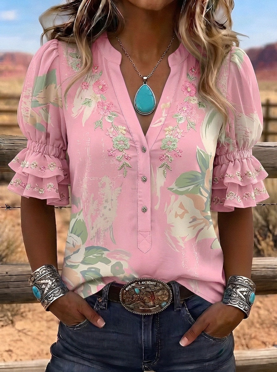 Women's Western Vintage Floral Embroidered Printed Blouse
