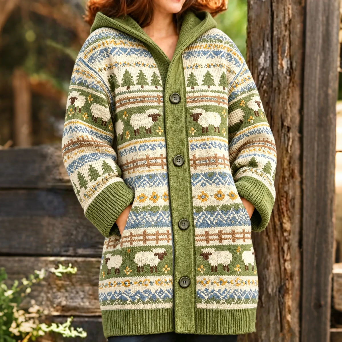Women's Vintage Sheep-pattern Knitted Hooded Cardigan