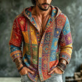 Men's Vintage Rainbow Sun & Peace Sign Patchwork Boho Art Print Flowy Linen Blend Casual Buttons Hooded Shirts