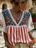 Women's Flag and Floral Color-Blocked Print Top
