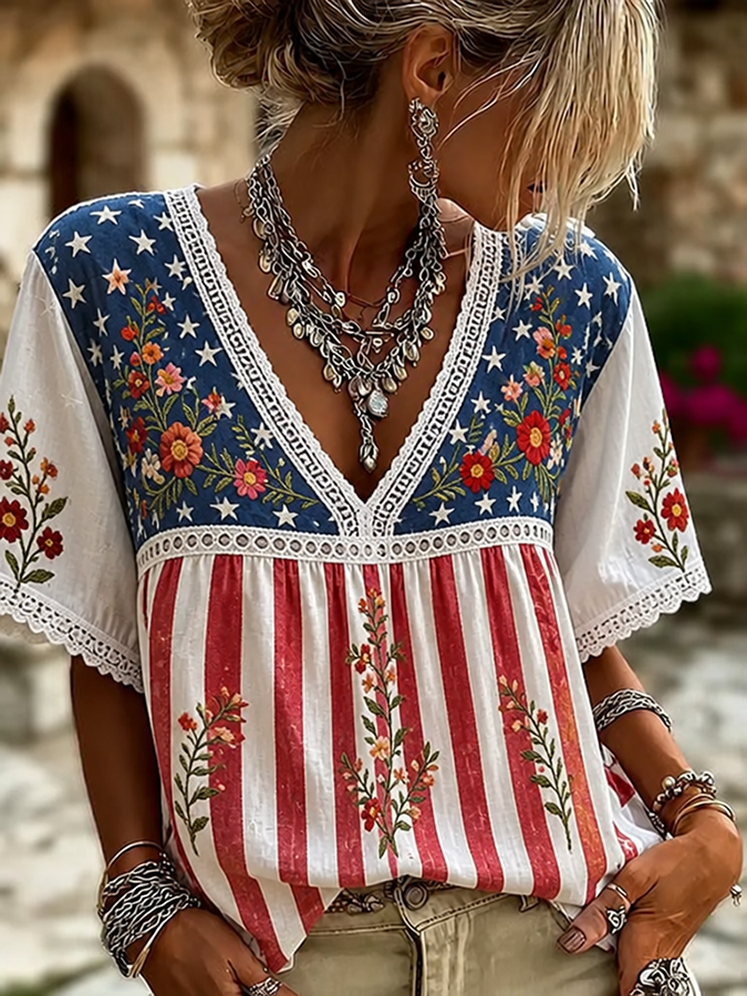 Women's Flag and Floral Color-Blocked Print Top