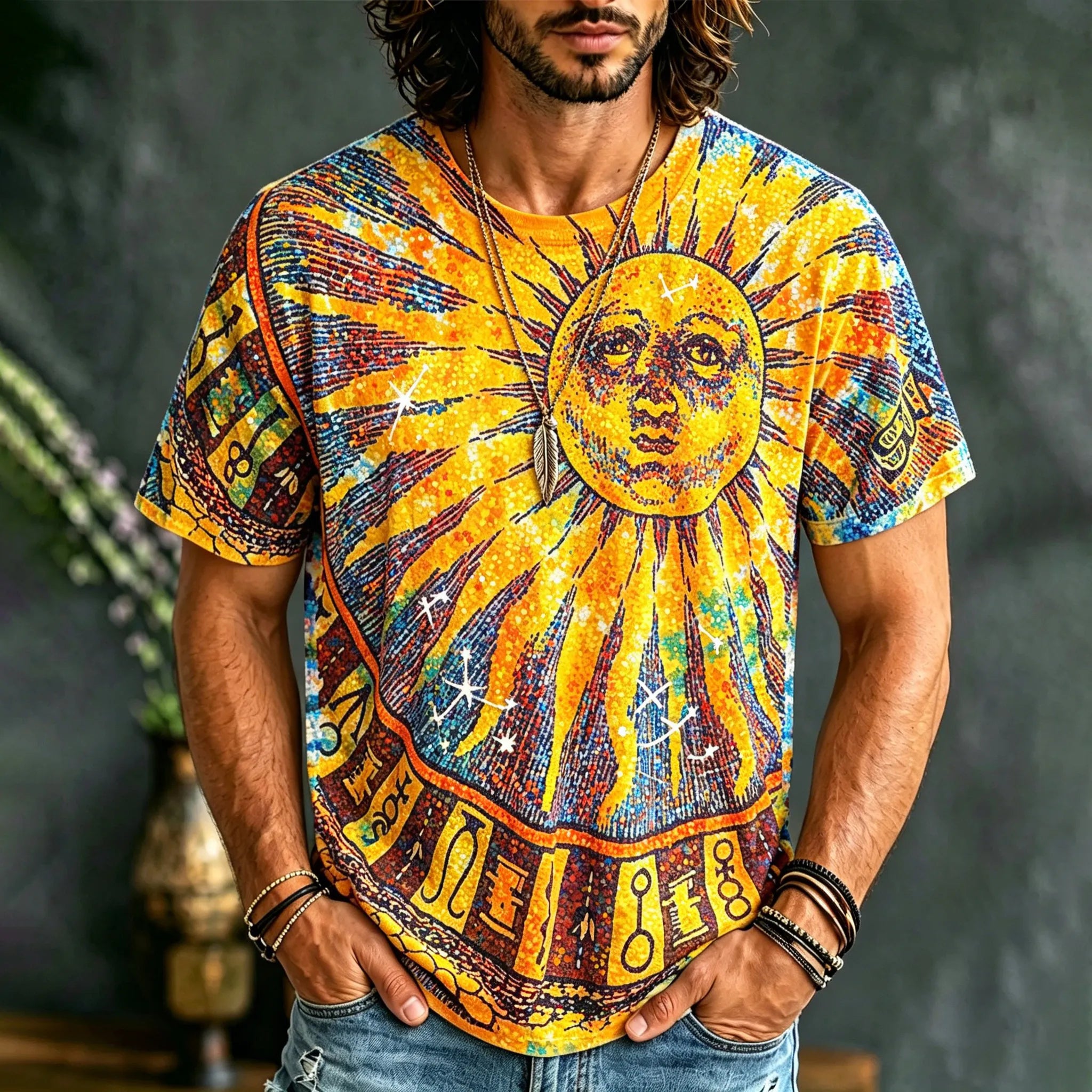 Men's Hippie Retro Tie-dye Sun Face Sequin Print T-shirt