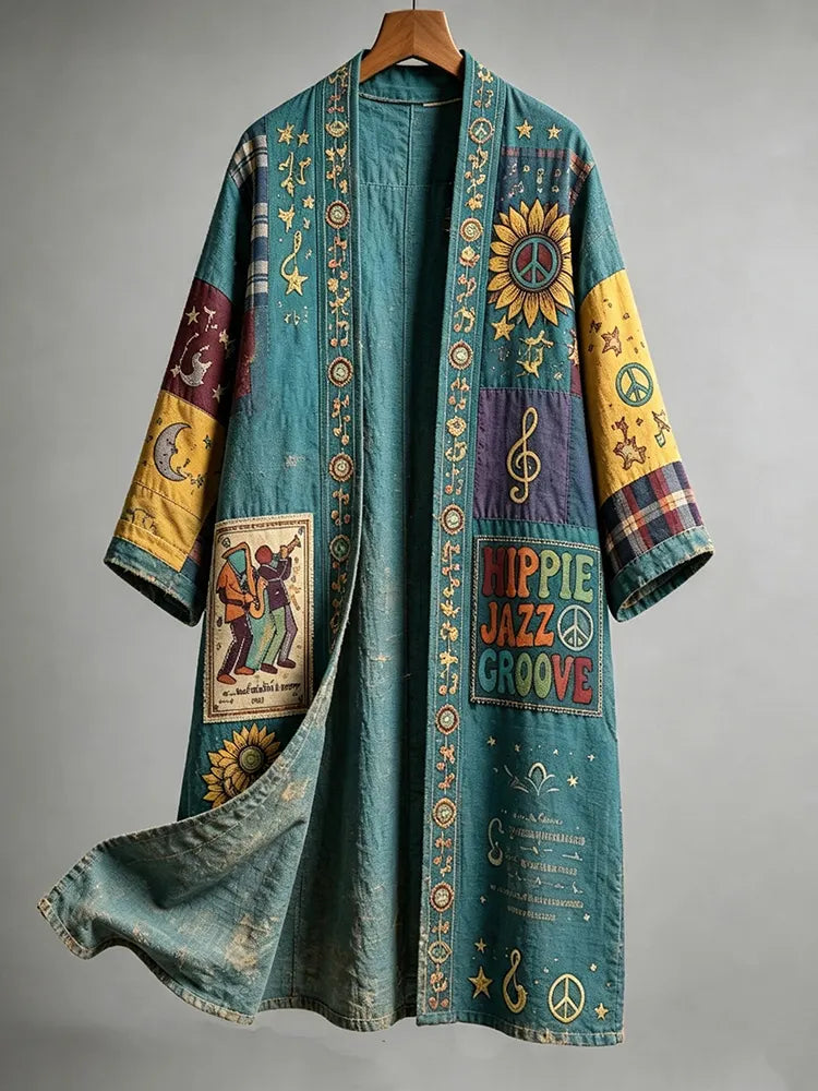 Men's Retro Hippie Peace Music Art Pattern Casual Long Cardigan