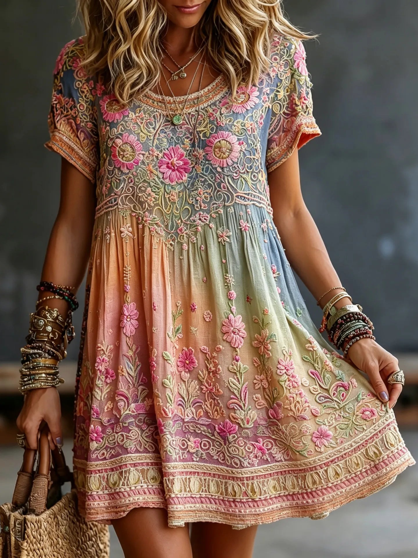 Women's Vintage Floral In Hippie Rainbow Art Print Flowy Linen Blend Linen Blend Mini Dress