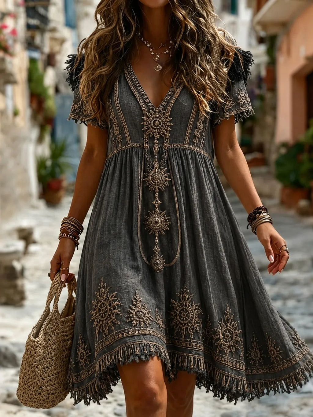 Women's Retro Tribal Art Print Casual Linen Blend Midi Dress
