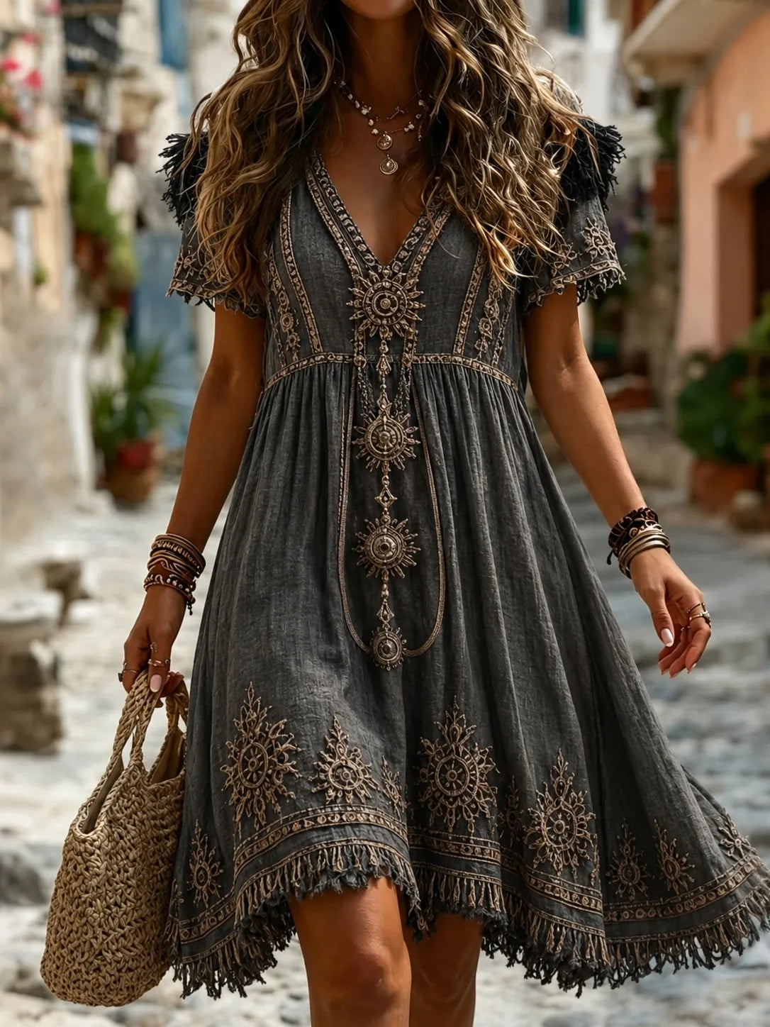Women's Retro Tribal Art Print Casual Linen Blend Midi Dress