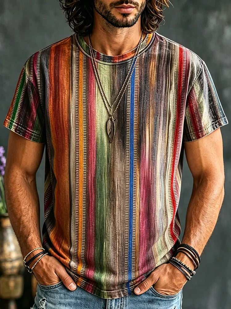 Men's Hippie Color Stripes Print Retro T-shirt