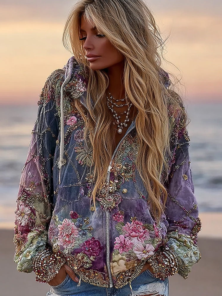 Women's Bohemian Geometric Floral Gradient Zip-up Hoodie