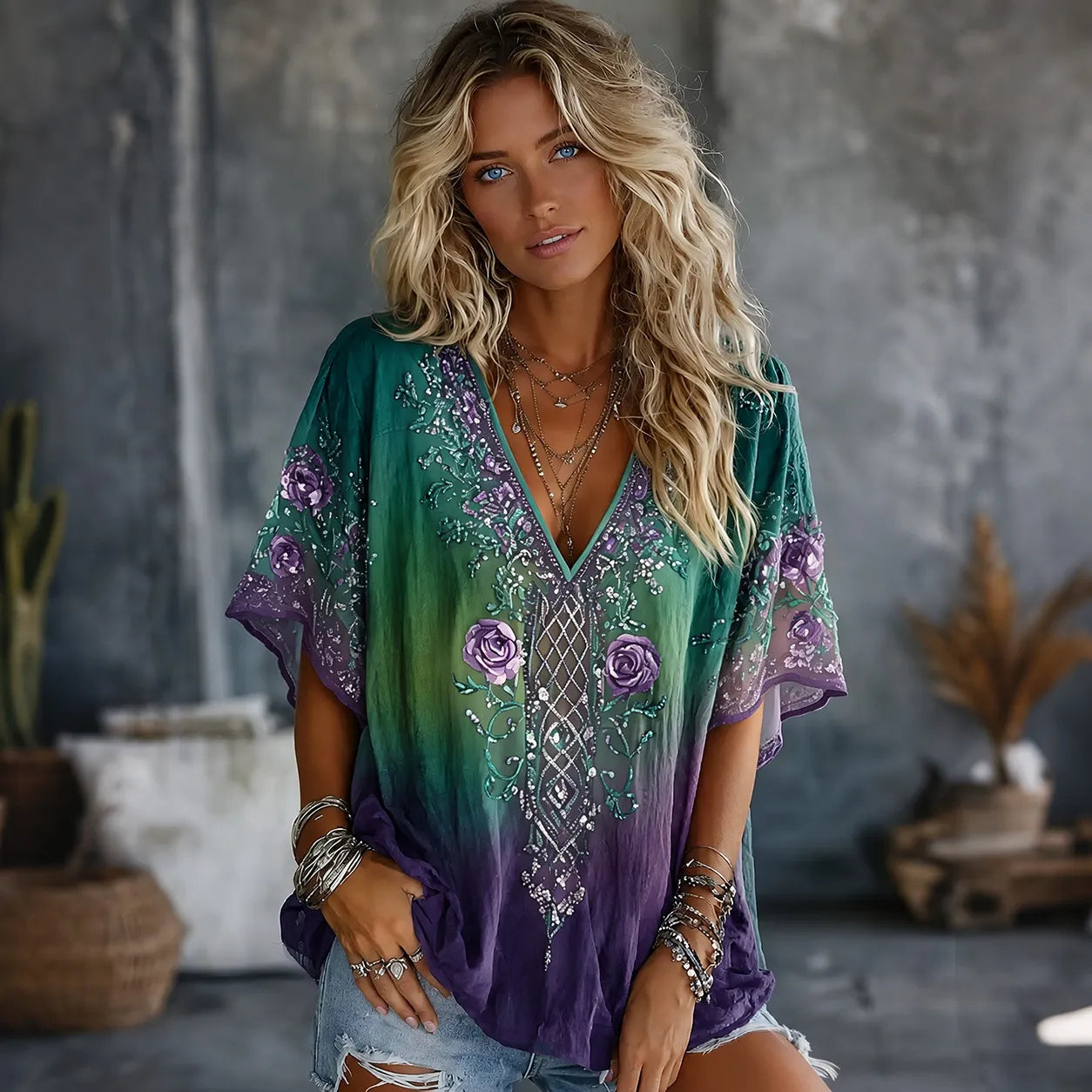 Women's Vintage Celtic Knot Floral Art Flowy Linen Blend Casual Tops