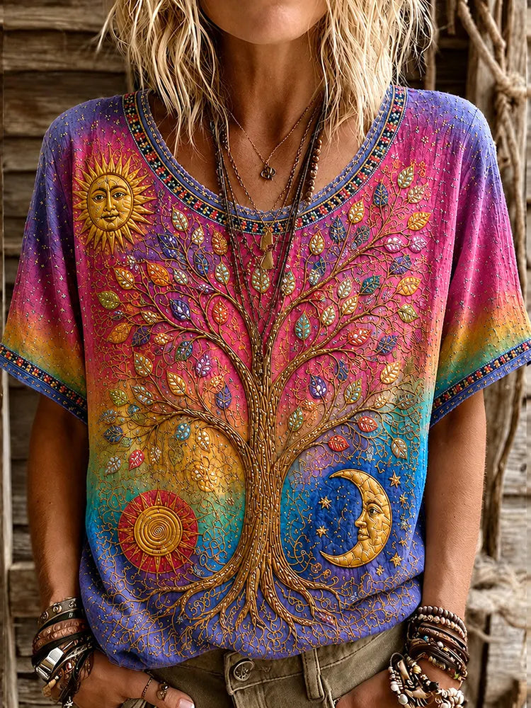 Women's Vintage Tree Of Life Sun Moon Gradient Art Casual Linen Top