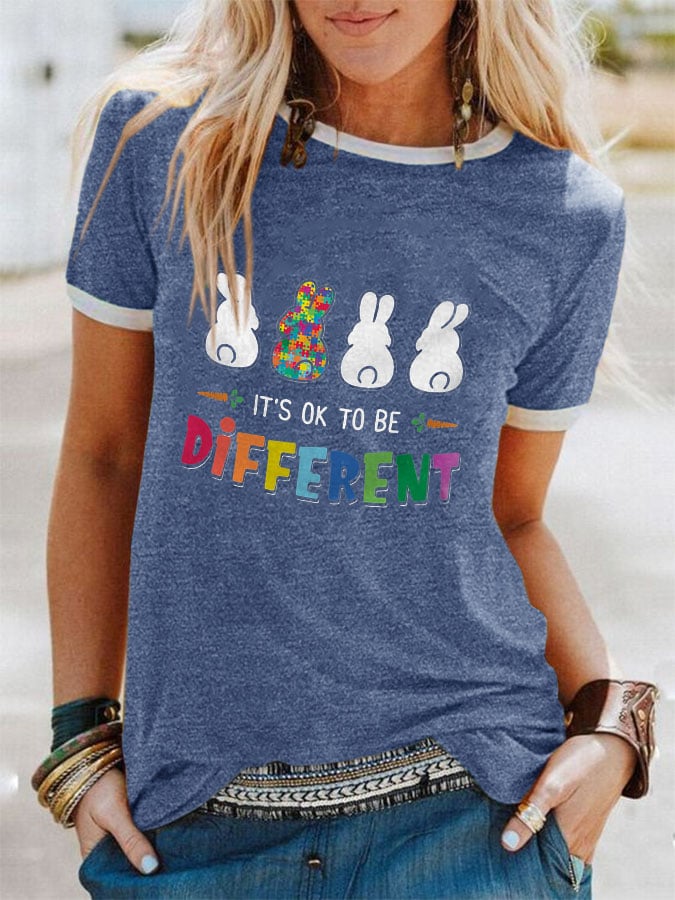 Autism Awareness Bunny It's Ok To Be Different Print Short-Sleeved T-Shirt