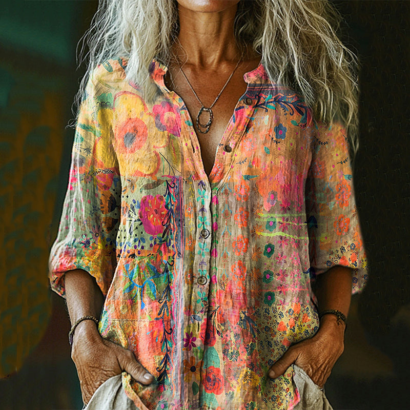 Women's Vintage Watercolor Flower Collage Art Print Casual Cotton And Linen Shirt
