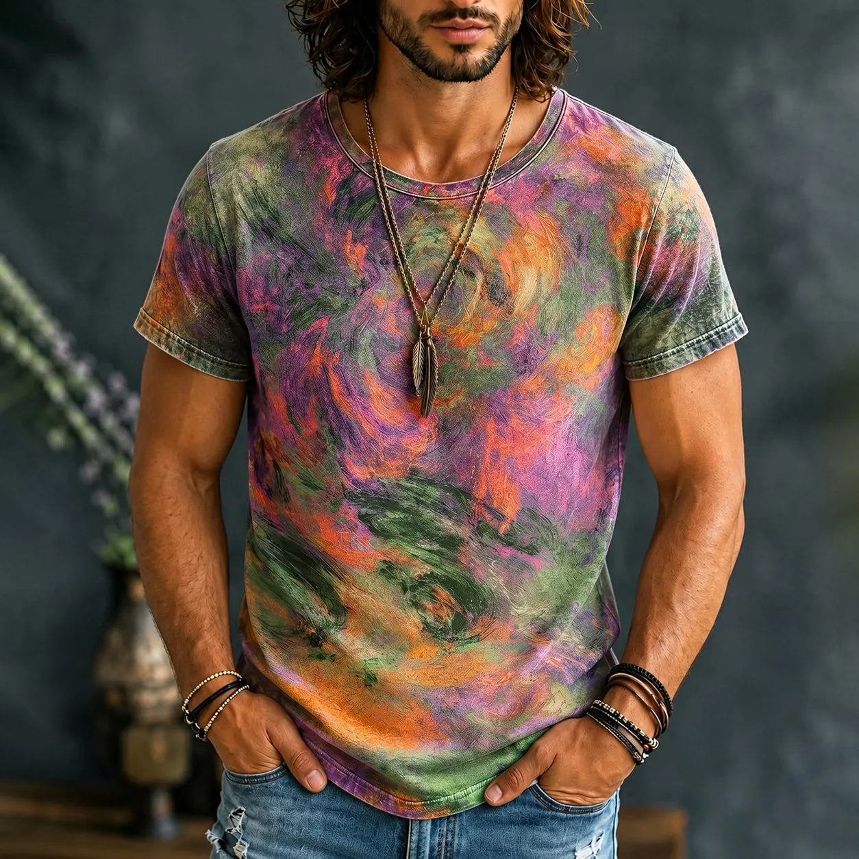 Vintage Tie Dye Hippie Art Print Casual T-shirt
