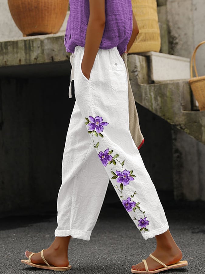 Women's Purple Floral Print Alzheimer's Awareness Support Pants