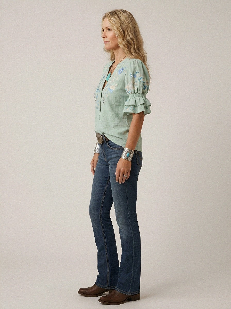 Women's Western Vintage Floral Embroidered Printed Top