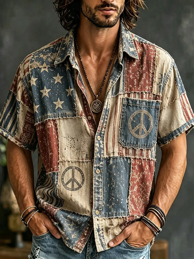 Vintage Hippie Peace Sign American Flag Star Stripes Patchwork Shirt