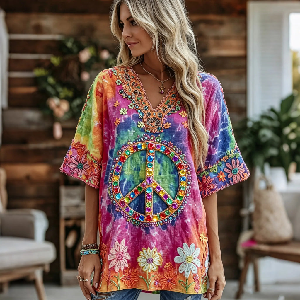 Women's Vintage Peace Symbol Floral Gradient Art Casual Shirt