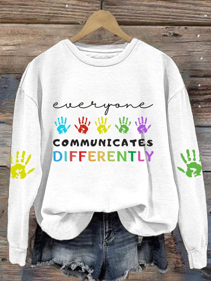 Retro Autism Awareness Everyone Communicates Differently Print Sweatshirt