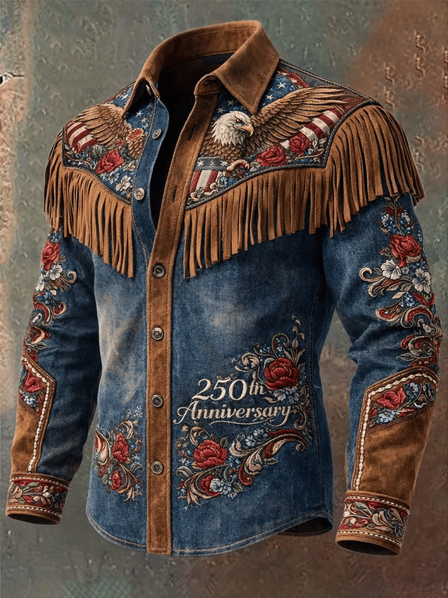 Men'S Vintage Distressed Western-Style 250th Anniversary Commemorative Printed Shirt