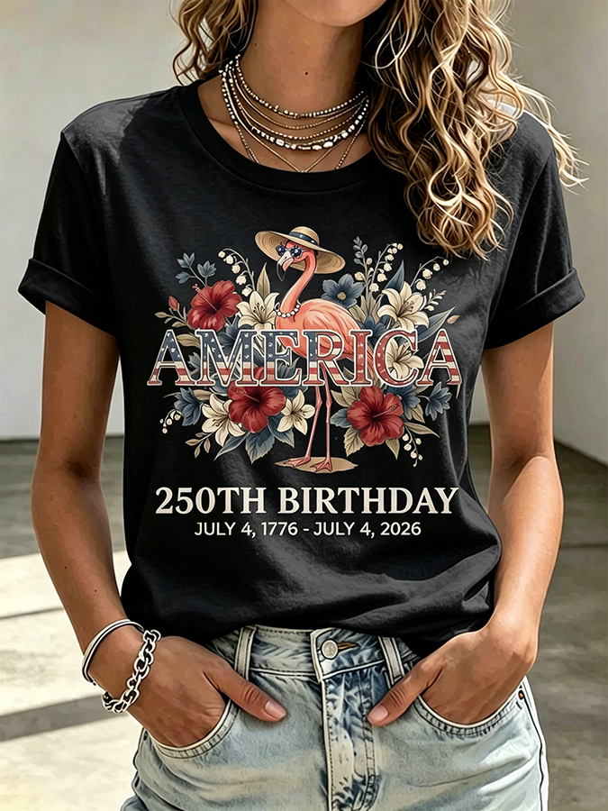 Ladies' Casual American 250Th Anniversary Flamingo Floral Commemorative Round Neck Short Sleeved T-Shirt