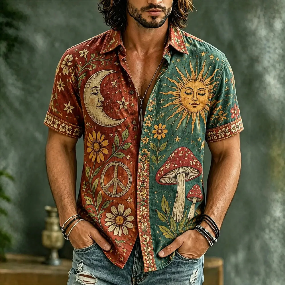Men's Retro Boho Red & Green Colorblock Sun, Moon & Mushroom Print Short-sleeve Shirt