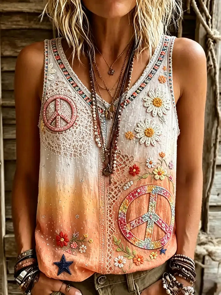 Women's Vintage Hippie Floral Patchwork Art V-neck Casual Tank Top