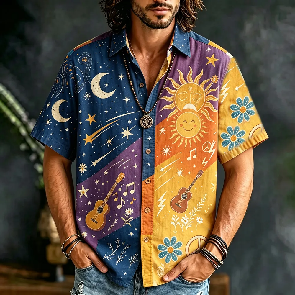 Men's Colorblock Short-sleeve Button-down Shirt With Celestial Sun, Moon, Stars, And Guitar Print