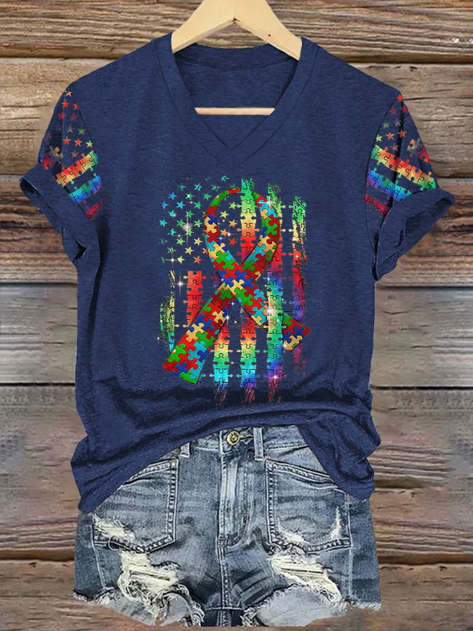 Women’s Retro Autism Awareness Colorful Puzzle Pieces Ribbon American Flag Print V-Neck T-Shirt