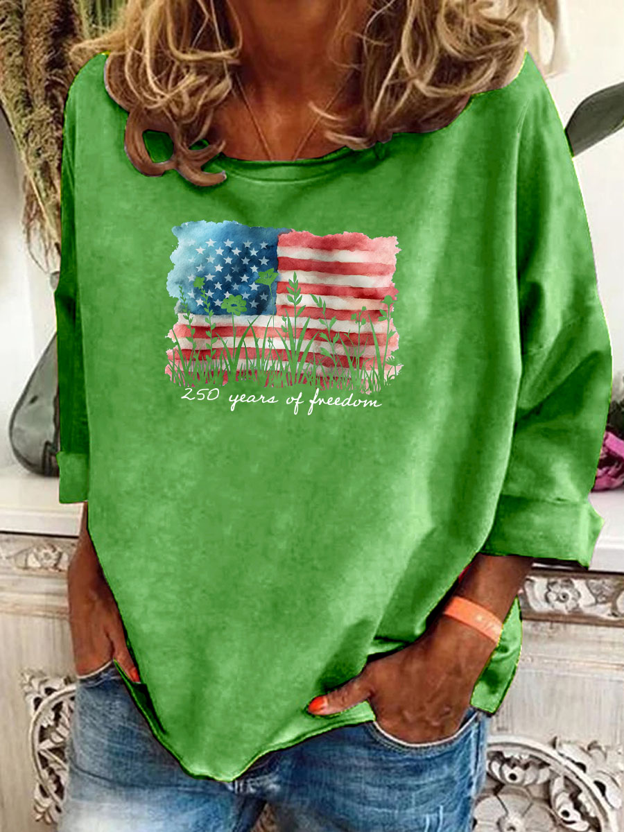 Women's Watercolor 250 Years Of Freedom Pattern Long Sleeve T-Shirt