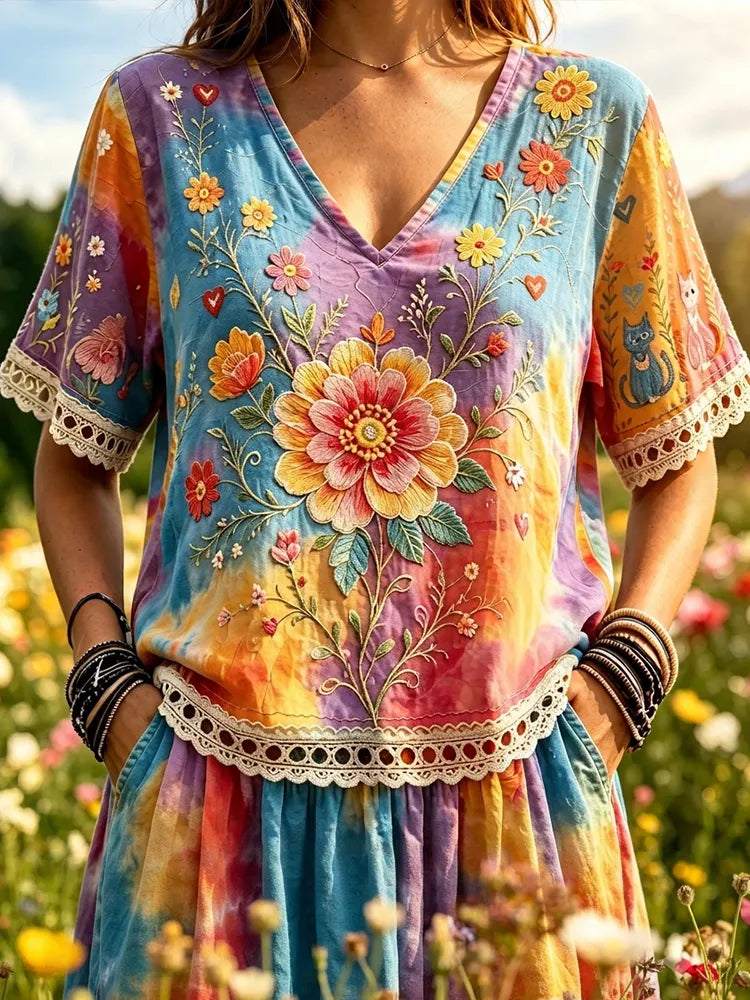 Women's Multi-colored Tie-dye Short-sleeved V-neck Shirt, Decorated With Large Floral And Cat Patterns.