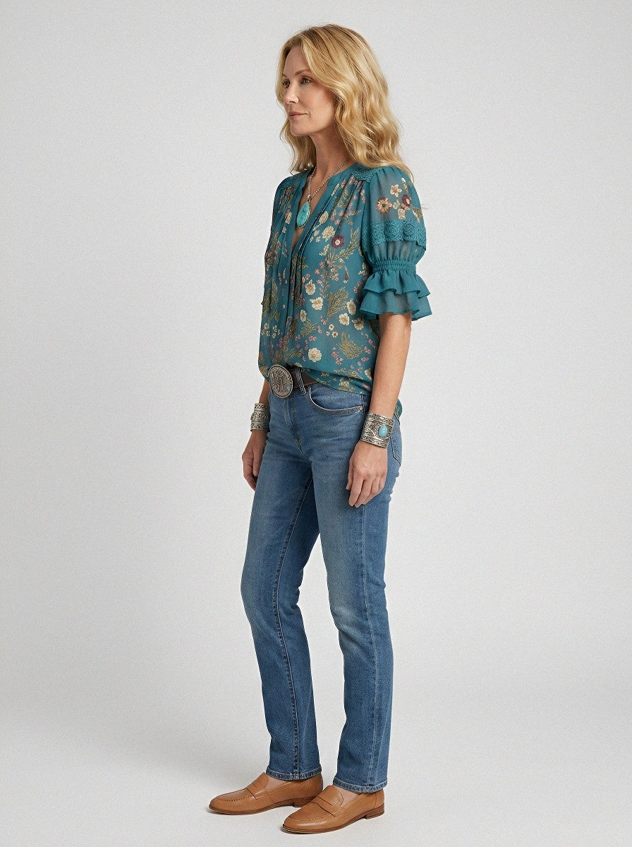 Women's Western Vintage Floral Lace Trim Printed Blouse