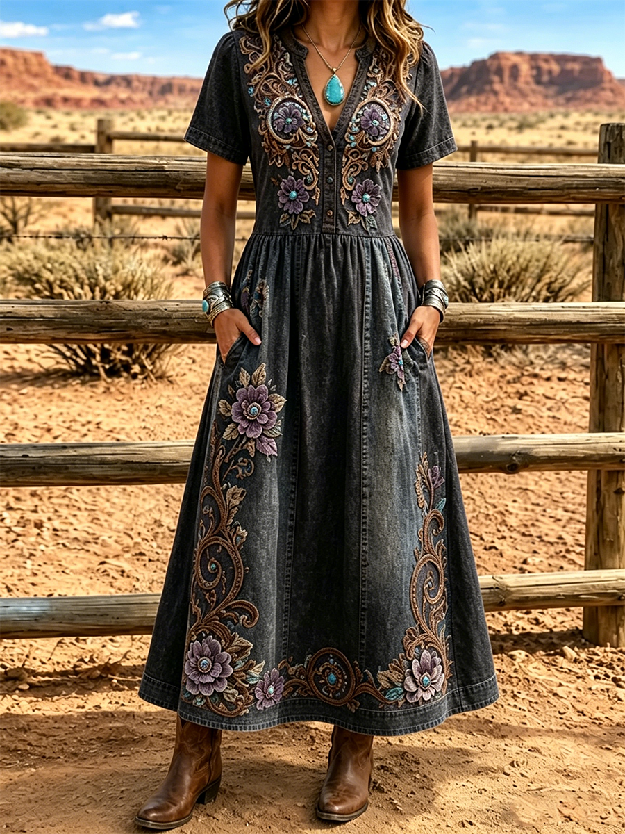 Women'S Western Style V-Neck Short Sleeved Floral Pattern Dress