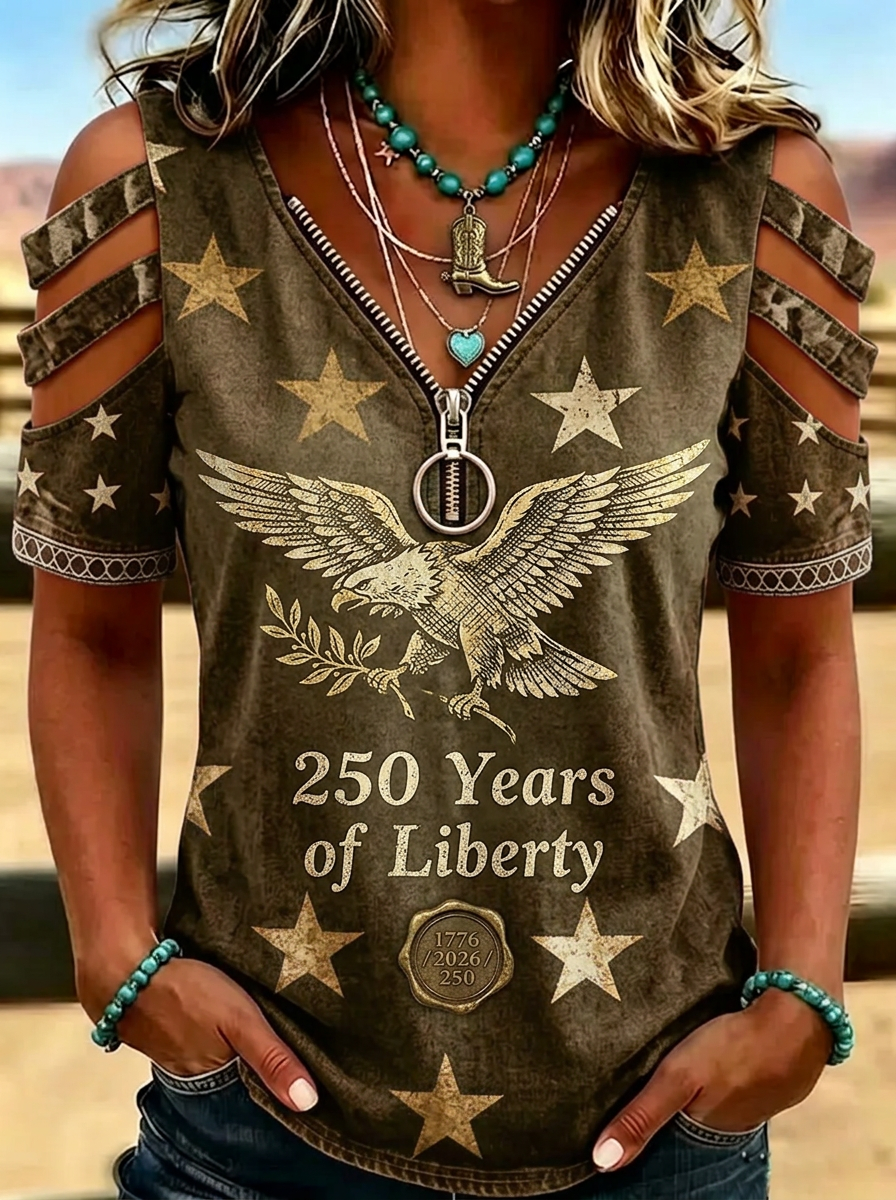 Women's Western Independence Day Eagle Stars Printed Cold Shoulder T-shirt