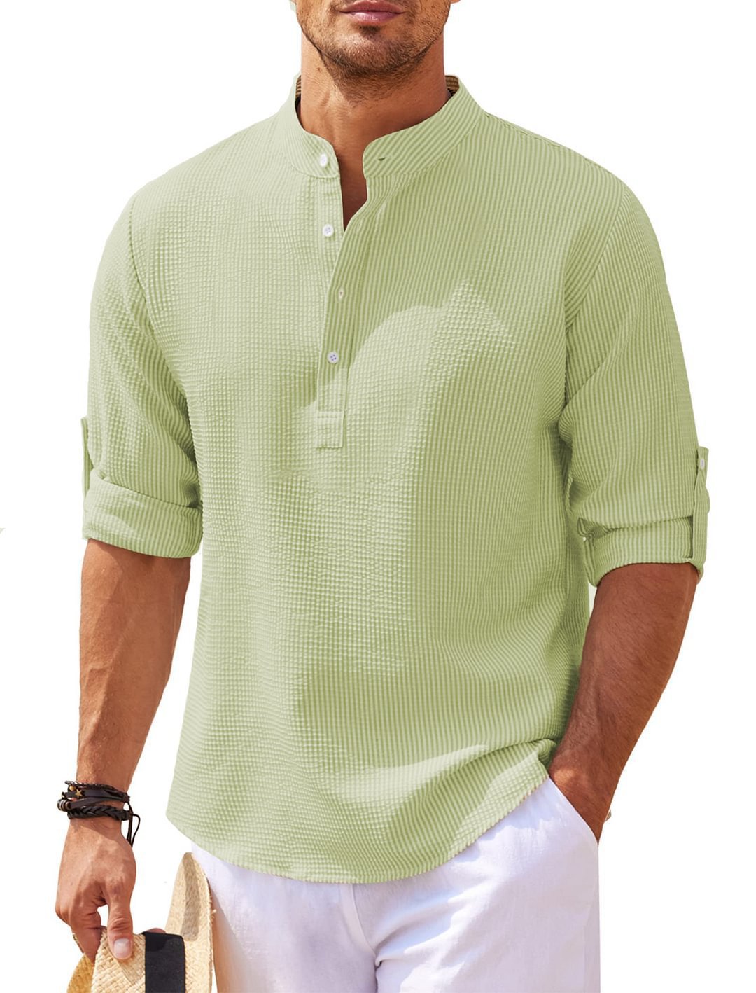 Men's Regular Fit Solid Color Waffle-knit Jacquard Long Sleeve Tee