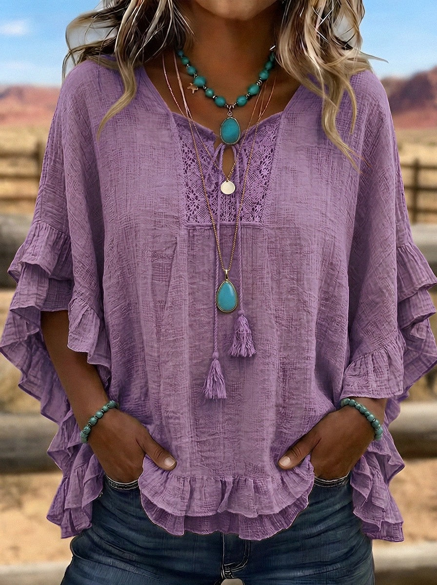 Women's Western Vintage Ruffle Lace-Trimmed Printed Top