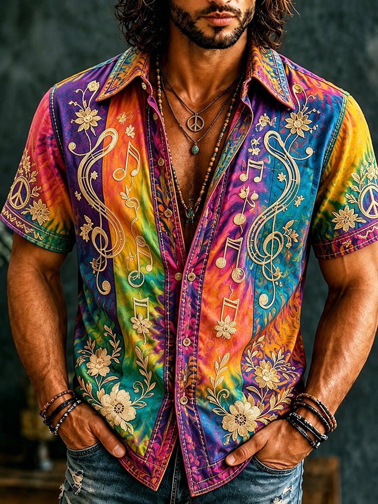 Men's Retro Hippie Floral  With Note Embroidery Art Short Sleeve Shirt